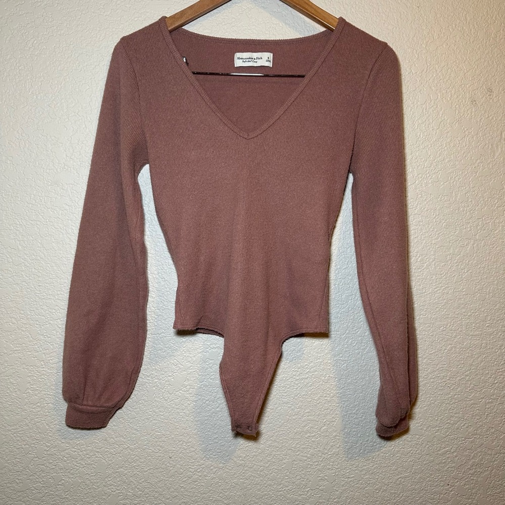 Abercrombie & Fitch Womens S Bodysuit Sweater Long Sleeve‎ V Neck Pink Soft Cozy